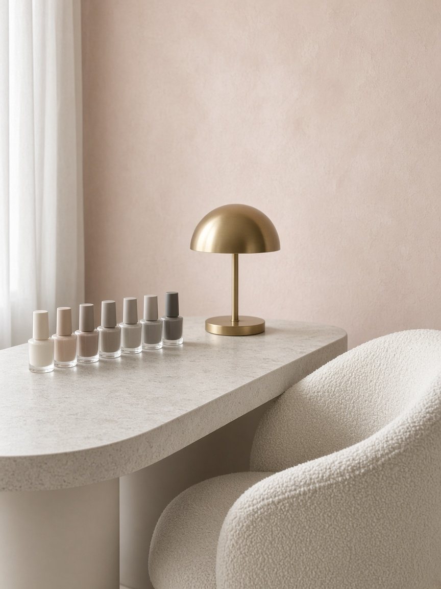 Manicure table with a row of neutral polishes and a brass lamp