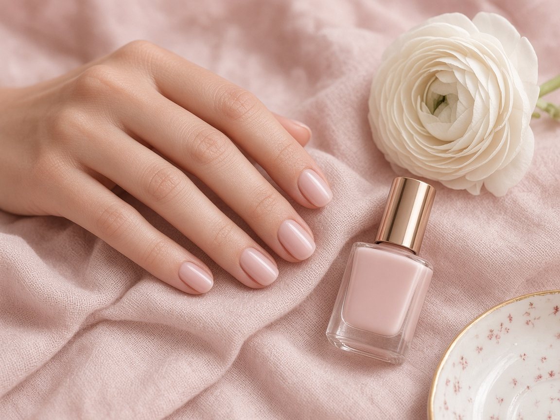 Hand with a sheer milky-pink manicure beside a white ranunculus